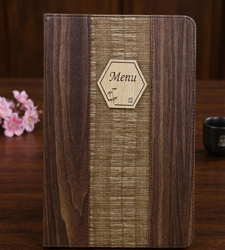 Porte-Menu Classique en Similicuir A4 – Effet Bois Grain 8 Pages / 16 Vues